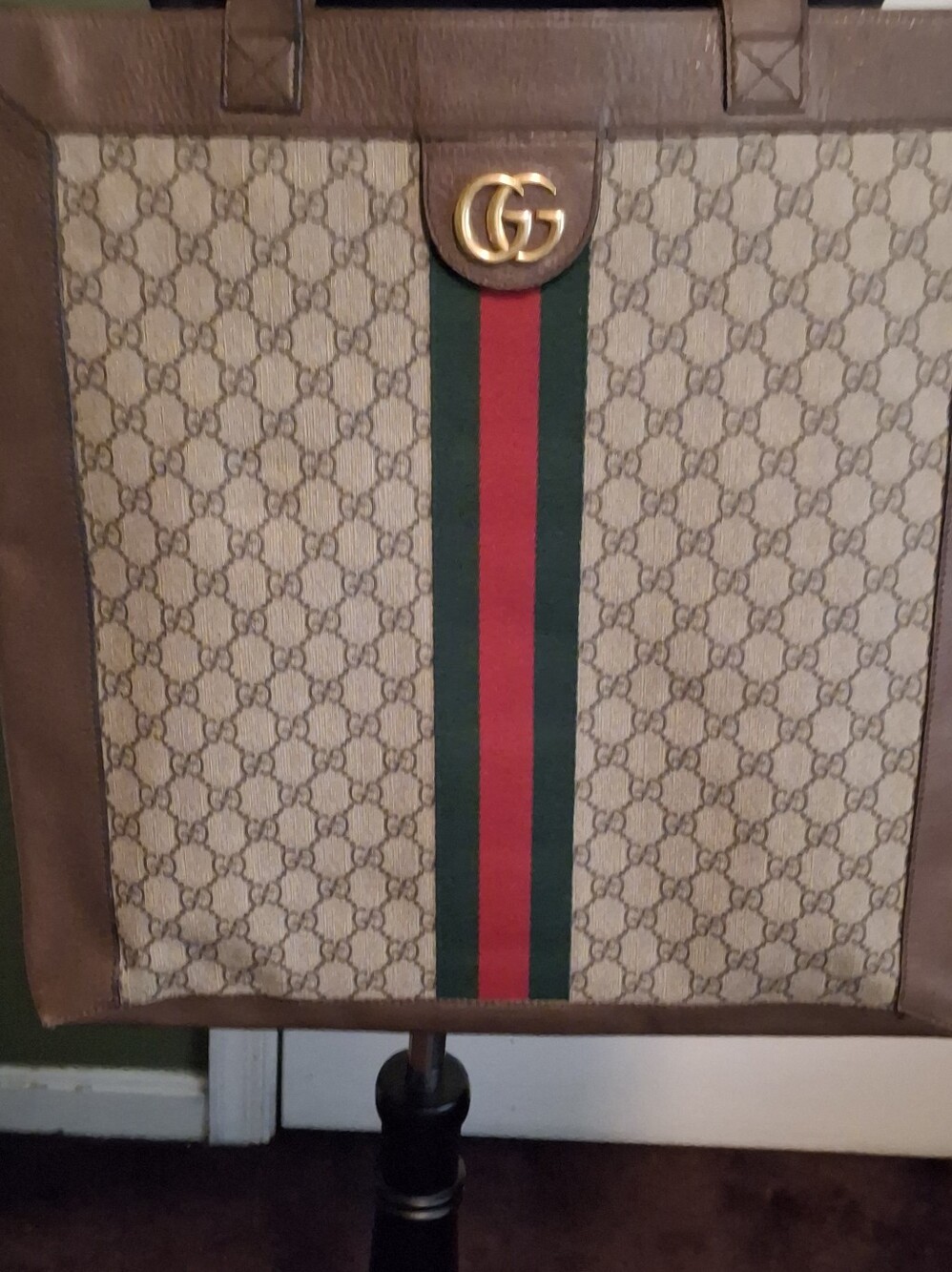 Gucci Beige Brown GG Canvas Tote with Red and Green Web Stripe and Gold Double G